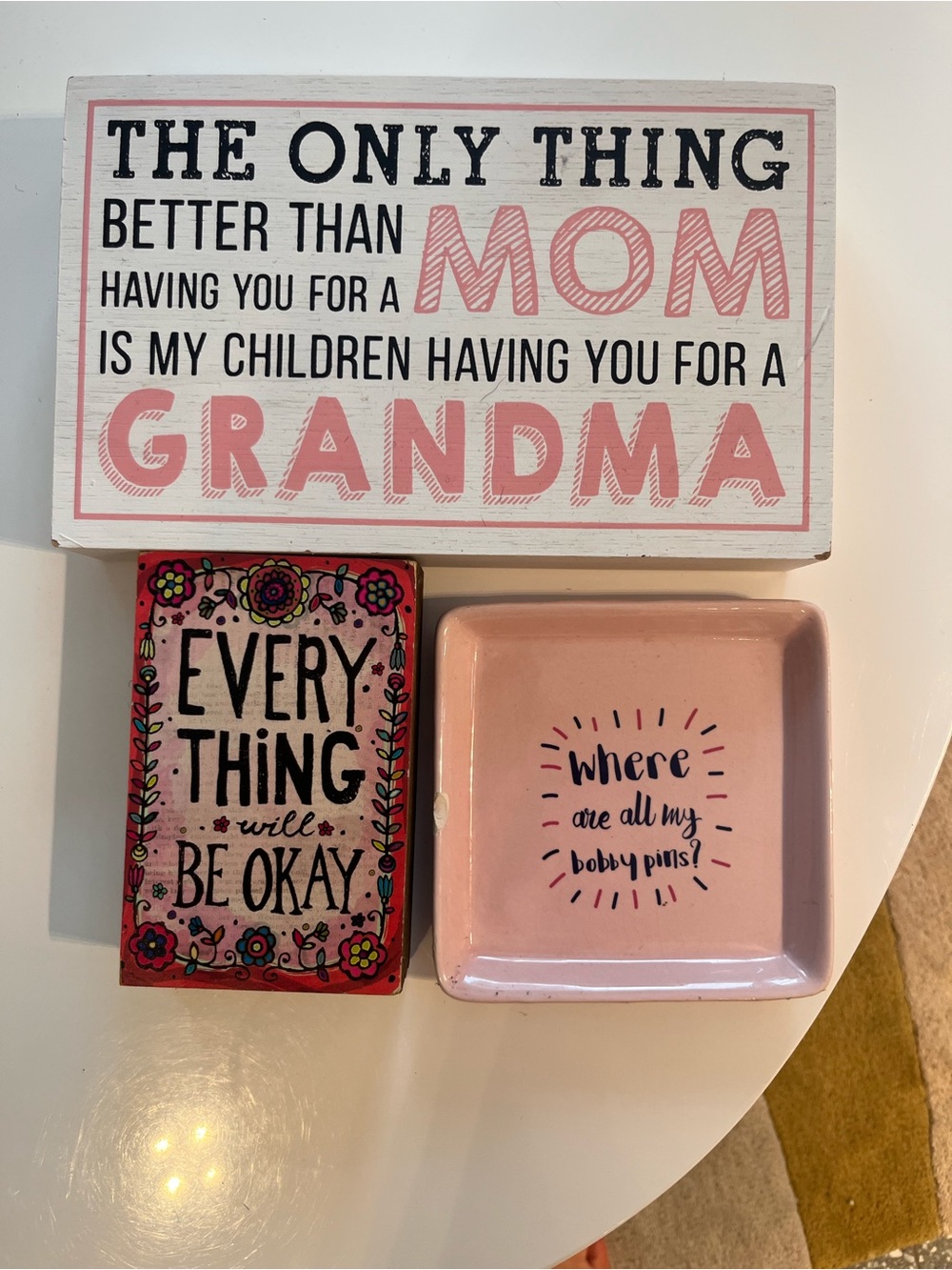 Mom to Grandma Pink Sentiment Sign & Trinket Dishes